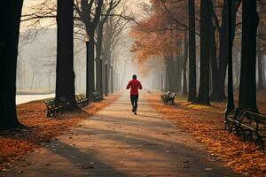 corridore coraggiosi il nebbioso, autunno mattina nel un' tranquillo parco ai generato foto