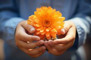 piccolo mani di un' bambino amorevolmente hold un' Bellissima, colorato fiore ai generato foto