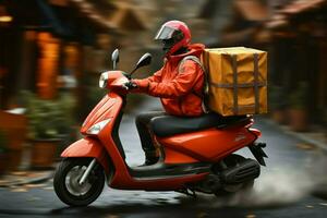 veloce cibo consegna servizio di un' scooter Corriere con un' zaino ai generato foto
