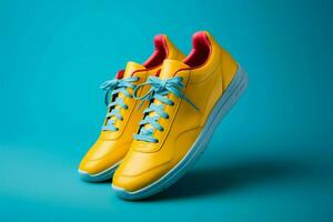sportivo blu scarpe da ginnastica, lacci a galla, impostato contro un' vivace giallo fondale ai generato foto