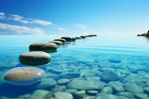 passo pietre creare un' sereno sentiero nel il calma blu acqua, incarnando zen ai generato foto