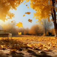 illuminata dal sole autunno paesaggio acero alberi, d'oro foglie, e luminosa luce del sole ai generato foto