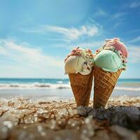 il Perfetto paio ghiaccio crema coni e sabbioso spiaggia sponde ai generato foto