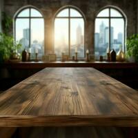 vuoto tavolo con sfocato finestra Visualizza, offerta un' sereno ambiance ai generato foto