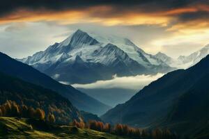 Caucaso montagne, svaneti, avvolto nel di spessore nebbia su il passaggio ai generato foto