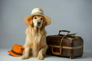freddo d'oro cane da riporto con cappello, sfumature, valigia, biglietto su bianca ai generato foto