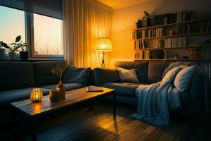 accogliente inverno scena appartamento vivente camera, prenotare, e morbido illuminazione ai generato foto
