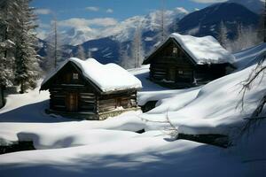 accogliente cabina nel un' invernale Paese delle meraviglie, circondato di incontaminato neve ai generato foto