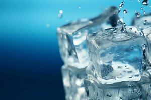 cristallo chiaro bicchiere, ghiaccio cubi, e rinfrescante acqua su un' blu fondale ai generato foto