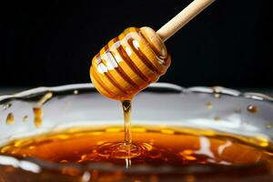 delizioso miele gocciolante via un' di legno cucchiaio, nature dolce essenza ai generato foto