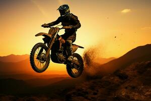 davanti ruota sollevato, motocross silhouette incarna avventura e audace azione ai generato foto