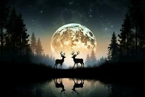 grazioso Cervi silhouette incorniciato di il grandezza di il Luna ai generato foto