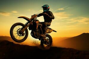 alto volante motocross davanti ruota sollevato nel silhouette, un azione spettacolo ai generato foto