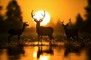 nel un' luminoso prato, cervo sagome incarnare il bellezza di natura ai generato foto