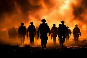 intenso combattere scena esercito soldati nel silhouette in mezzo fuoco e Fumo ai generato foto