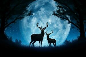 maestoso cervo silhouette sta prima un' grande illuminato dalla luna notte cielo ai generato foto
