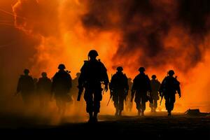 marines nel azione, staglia di un' ardente tramonto, avanzare attraverso Fumo ai generato foto