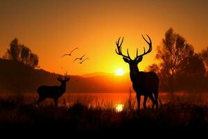 prati la tranquillità un' cervo silhouette abbraccia natura conservazione i principi ai generato foto