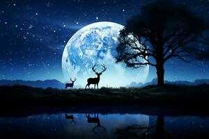 illuminato dalla luna notte calchi un' Impressionante cervo silhouette contro il orizzonte ai generato foto