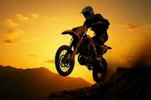 adrenalina pompaggio motocross silhouette con davanti ruota sollevato, azione confezionato avventura ai generato foto