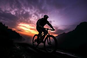 avventuroso bikers affrontare montagna sentieri sotto il sera Il cielo è splendore ai generato foto