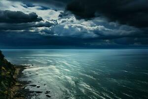 nuvoloso giorno di il mare, la creazione di un' sereno, lunatico atmosfera ai generato foto