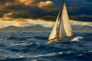 panoramico tramonto Visualizza come un' barca a vela vele nel il morbido leggero ai generato foto