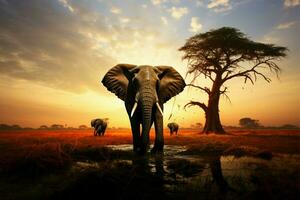 tramonti fondale accentua il silhouette di un' magnifico elefante ai generato foto