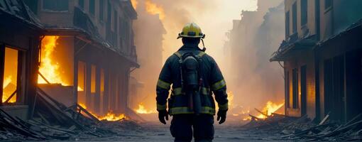 inferno sopravvissuto, panoramico pompiere, ai generato foto