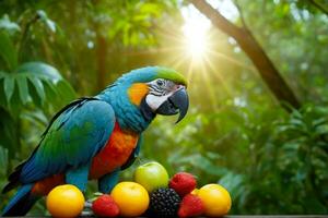 tramonto delizia, pappagallo banchettare su colorato frutta nel foresta pluviale, ai generato foto