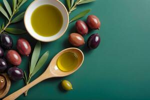 verde sfondo con olive e oliva olio, azione foto, ai generato foto