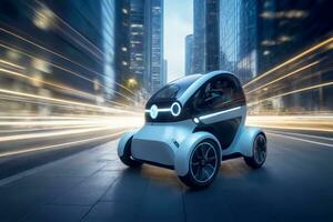 mini mobilità ev nel futuristico urbano scena, lungo esposizione, ai generato foto