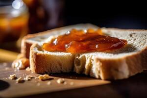 pane bianco fetta con arachide marmellata cinematico editoriale cibo fotografia ai generato foto