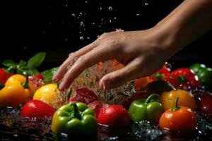 mano lavaggio biologico frutta e verdure professionale cibo fotografia ai generato foto