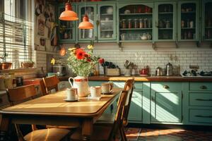 dentro cucina pranzo camera Visualizza Vintage ▾ stile pubblicità fotografia ai generato foto