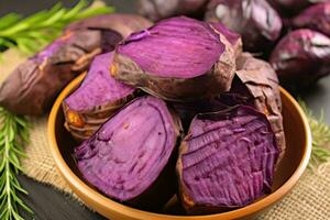 arrostito fresco viola dolce Patata professionale pubblicità cibo fotografia ai generato foto