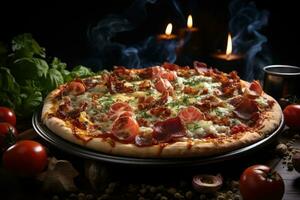 Pizza con guarnizione Visualizza leggero sfondo professionale pubblicità cibo fotografia ai generato foto