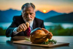 un' uomo nel un' completo da uomo è Tenere un' pollo su un' taglio tavola. ai-generato foto