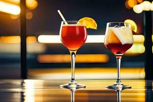 Due bicchieri di cocktail su un' tavolo. ai-generato foto