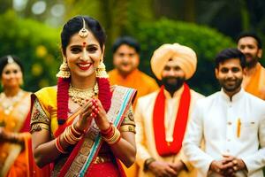 un' sposa nel tradizionale indiano abbigliamento con sua sposo. ai-generato foto