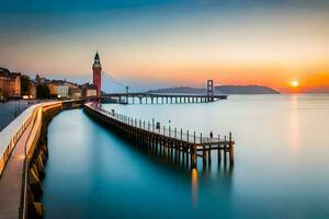 un' lungo esposizione foto di un' molo e ponte a tramonto. ai-generato