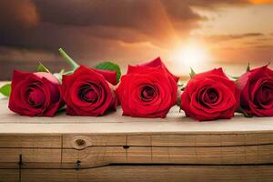 rosso Rose su un' di legno tavolo con tramonto nel il sfondo. ai-generato foto