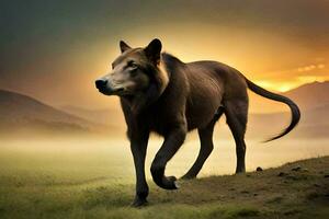 un' lupo è a piedi nel il erba a tramonto. ai-generato foto