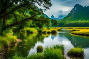 il fiume è circondato di erba e alberi. ai-generato foto