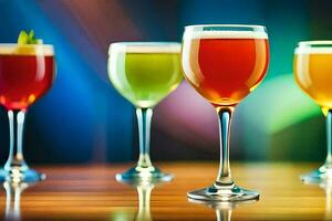 cinque diverso colorato bevande nel bicchieri su un' tavolo. ai-generato foto