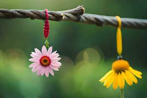 Due fiori sospeso a partire dal un' ramo. ai-generato foto