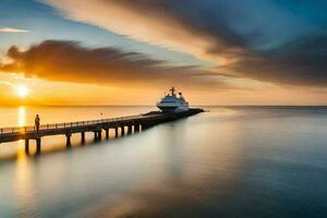 un' barca è attraccato a il fine di un' molo a tramonto. ai-generato foto