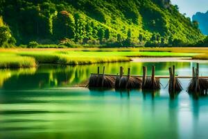 un' fiume con un' bacino e alberi nel il mezzo. ai-generato foto