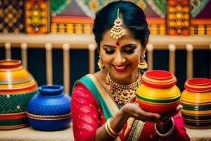 un' donna nel tradizionale indiano abbigliamento Tenere un' pentola. ai-generato foto