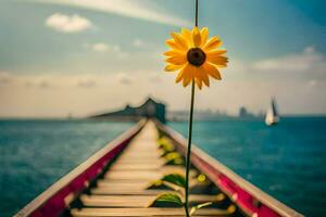 un' girasole è in crescita su un' di legno molo. ai-generato foto